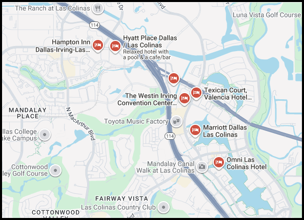 Map of hotels near the Irving Convention Center